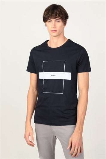 Erkek Slim Fit Dar Kesim %100 Pamuk Yumuşak Dokulu Baskılı Lacivert Bisiklet Yaka Tişört