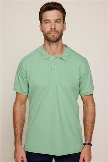 Erkek Slim Fit Dar Kesim %100 Pamuk Düz Pike Yeşil Polo Yaka Tişört