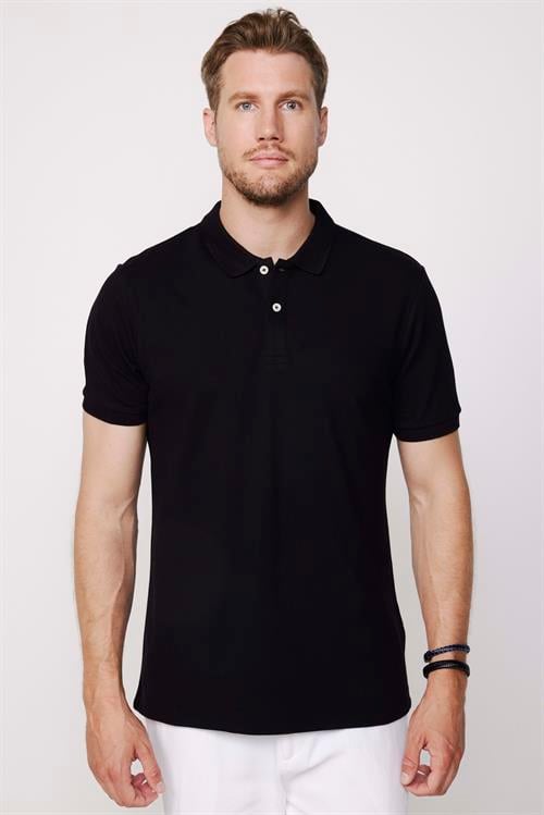 Erkek Slim Fit Dar Kesim %100 Pamuk Düz Pike Siyah Polo Yaka Tişört