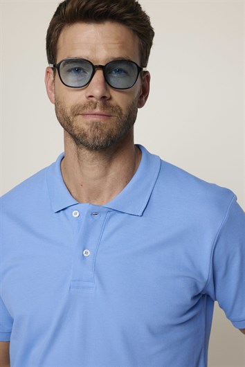 Erkek Slim Fit Dar Kesim %100 Pamuk Düz Pike Mavi Polo Yaka Tişört
