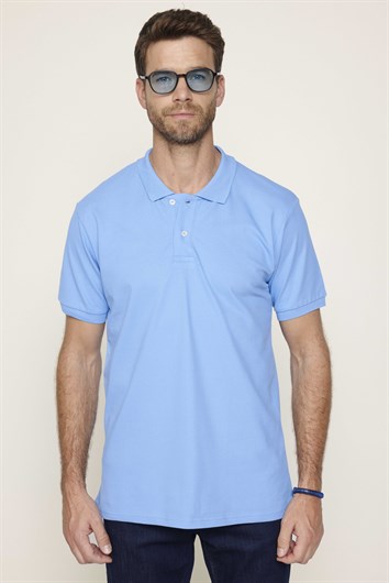 Erkek Slim Fit Dar Kesim %100 Pamuk Düz Pike Mavi Polo Yaka Tişört