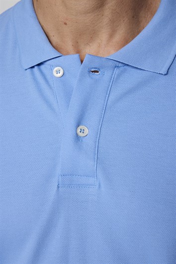 Erkek Slim Fit Dar Kesim %100 Pamuk Düz Pike Mavi Polo Yaka Tişört