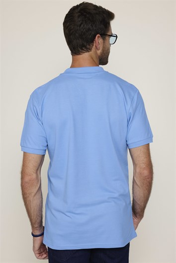 Erkek Slim Fit Dar Kesim %100 Pamuk Düz Pike Mavi Polo Yaka Tişört