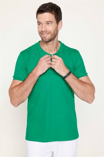 Erkek Slim Fit Dar Kesim %100 Pamuk Düz Pike Yeşil Polo Yaka Tişört