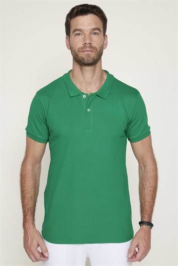 Erkek Slim Fit Dar Kesim %100 Pamuk Düz Pike Yeşil Polo Yaka Tişört