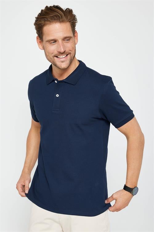Erkek Slim Fit Dar Kesim %100 Pamuk Düz Pike Lacivert Polo Yaka Tişört
