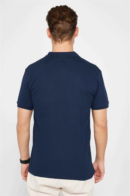 Erkek Slim Fit Dar Kesim %100 Pamuk Düz Pike Lacivert Polo Yaka Tişört