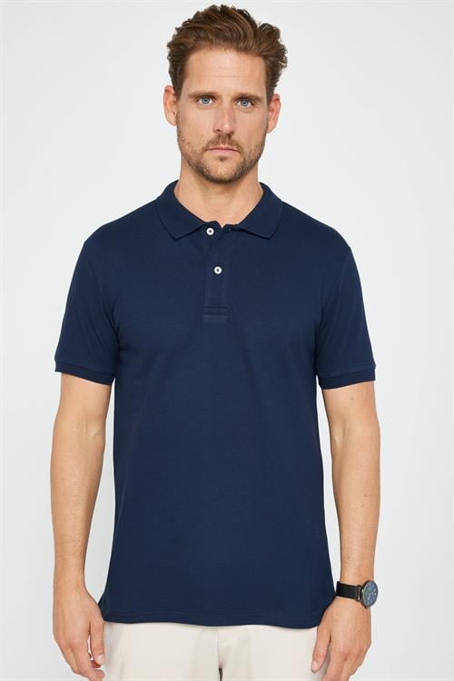Erkek Slim Fit Dar Kesim %100 Pamuk Düz Pike Lacivert Polo Yaka Tişört