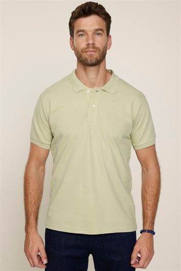 Erkek Slim Fit Dar Kesim %100 Pamuk Düz Pike Yeşil Polo Yaka Tişört