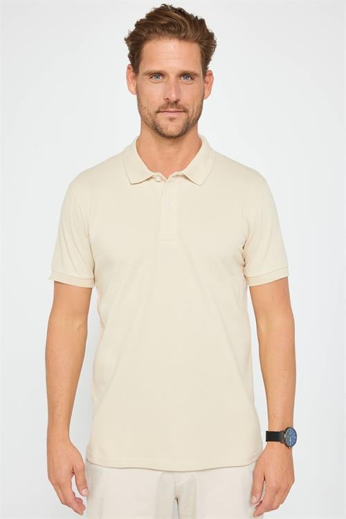 Erkek Slim Fit Dar Kesim %100 Pamuk Düz Pike Taş Renk Polo Yaka Tişört