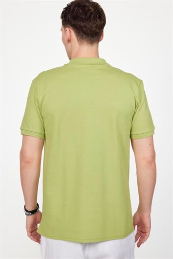 Erkek Slim Fit Dar Kesim %100 Pamuk Düz Pike Yeşil Polo Yaka Tişört