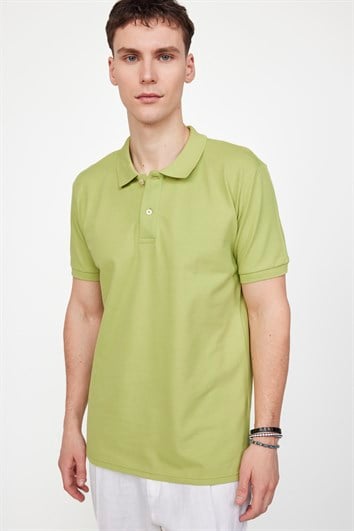 Erkek Slim Fit Dar Kesim %100 Pamuk Düz Pike Yeşil Polo Yaka Tişört