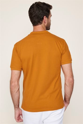 Erkek Slim Fit Dar Kesim %100 Pamuk Düz Pike Kiremit Renk Polo Yaka Tişört