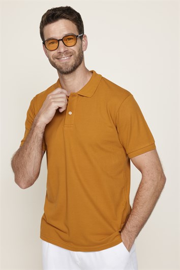 Erkek Slim Fit Dar Kesim %100 Pamuk Düz Pike Kiremit Renk Polo Yaka Tişört