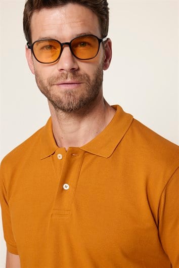Erkek Slim Fit Dar Kesim %100 Pamuk Düz Pike Kiremit Renk Polo Yaka Tişört