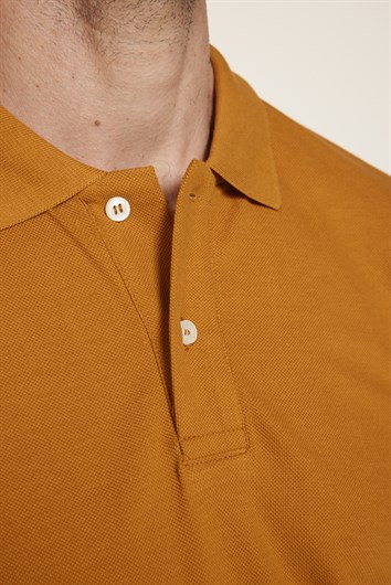 Erkek Slim Fit Dar Kesim %100 Pamuk Düz Pike Kiremit Renk Polo Yaka Tişört