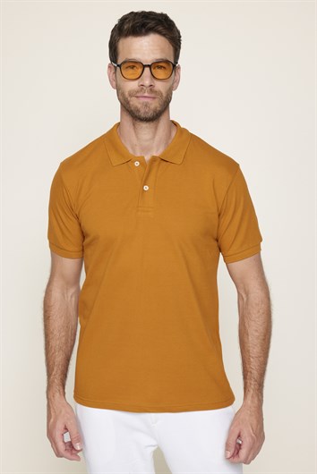 Erkek Slim Fit Dar Kesim %100 Pamuk Düz Pike Kiremit Renk Polo Yaka Tişört