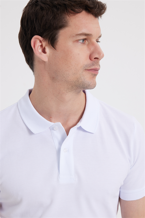 Erkek Slim Fit Dar Kesim %100 Pamuk Düz Pike Beyaz Polo Yaka Tişört