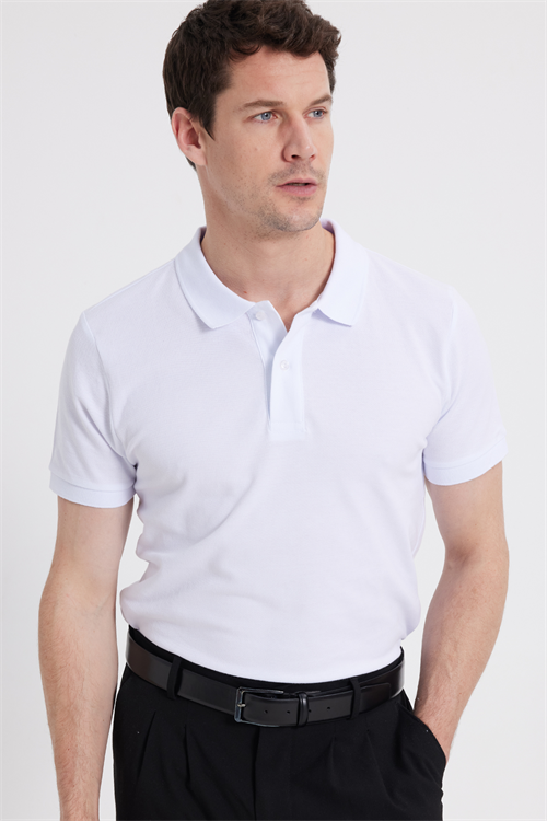 Erkek Slim Fit Dar Kesim %100 Pamuk Düz Pike Beyaz Polo Yaka Tişört