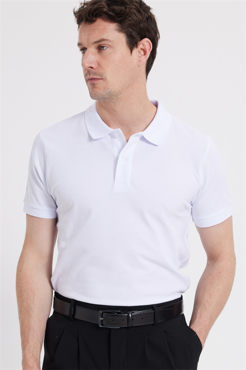 Erkek Slim Fit Dar Kesim %100 Pamuk Düz Pike Beyaz Polo Yaka Tişört