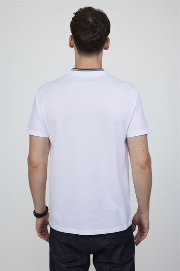 Erkek Slim Fit Dar Kesim %100 Pamuk Düz Pike Beyaz Hakim Yaka Tişört