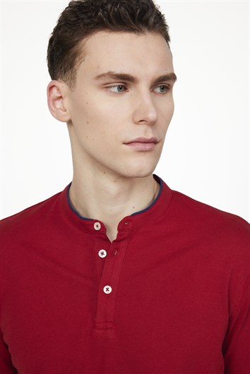 Erkek Slim Fit Dar Kesim %100 Pamuk Düz Pike Bordo Hakim Yaka Tişört