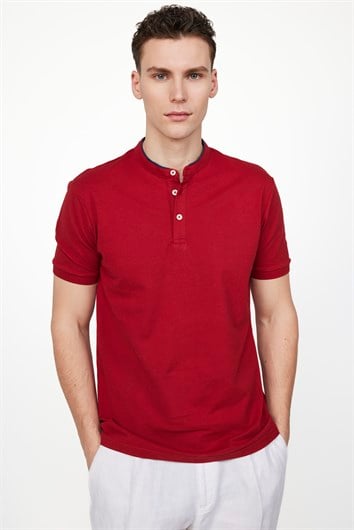 Erkek Slim Fit Dar Kesim %100 Pamuk Düz Pike Bordo Hakim Yaka Tişört
