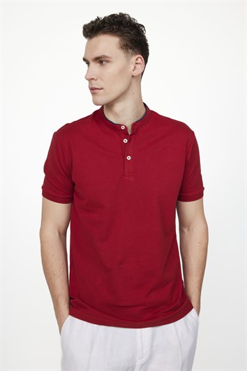 Erkek Slim Fit Dar Kesim %100 Pamuk Düz Pike Bordo Hakim Yaka Tişört