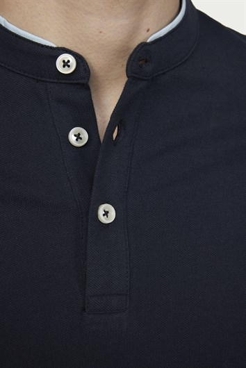 Erkek Slim Fit Dar Kesim %100 Pamuk Düz Pike Lacivert Hakim Yaka Tişört