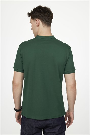 Erkek Slim Fit Dar Kesim %100 Pamuk Düz Pike Yeşil Hakim Yaka Tişört