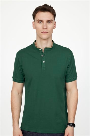 Erkek Slim Fit Dar Kesim %100 Pamuk Düz Pike Yeşil Hakim Yaka Tişört