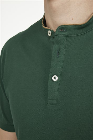 Erkek Slim Fit Dar Kesim %100 Pamuk Düz Pike Yeşil Hakim Yaka Tişört