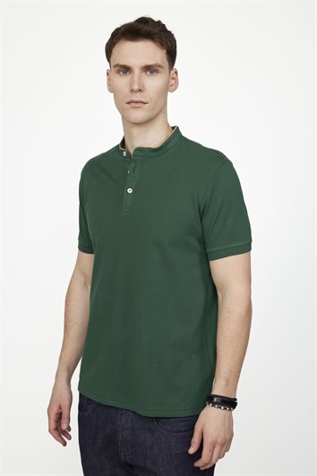 Erkek Slim Fit Dar Kesim %100 Pamuk Düz Pike Yeşil Hakim Yaka Tişört