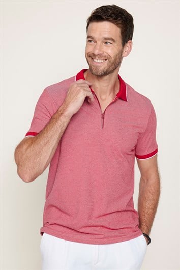 Erkek Slim Fit Dar Kesim Pamuklu Fermuarlı Bordo Polo Yaka Tişört