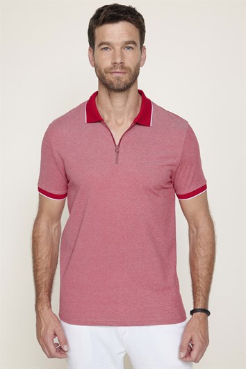 Erkek Slim Fit Dar Kesim Pamuklu Fermuarlı Bordo Polo Yaka Tişört