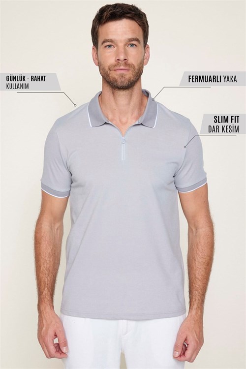 Erkek Slim Fit Dar Kesim Pamuklu Fermuarlı Gri Polo Yaka Tişört