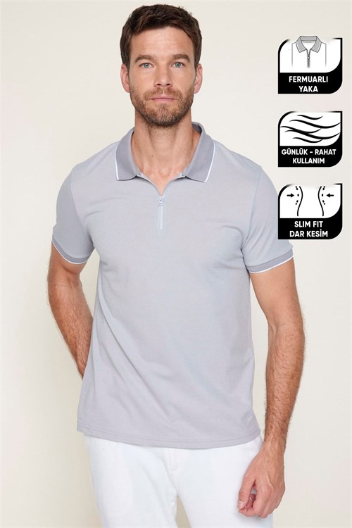 Erkek Slim Fit Dar Kesim Pamuklu Fermuarlı Gri Polo Yaka Tişört