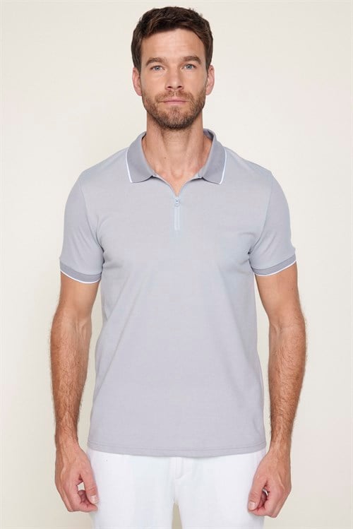 Erkek Slim Fit Dar Kesim Pamuklu Fermuarlı Gri Polo Yaka Tişört