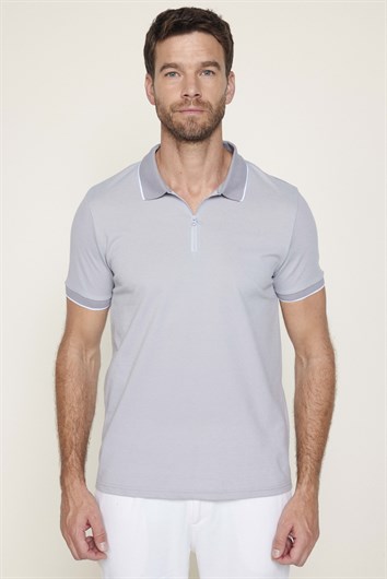 Erkek Slim Fit Dar Kesim Pamuklu Fermuarlı Gri Polo Yaka Tişört