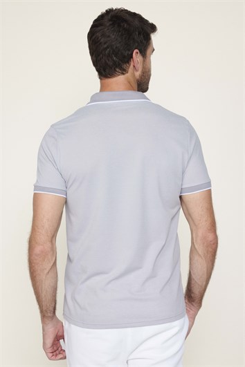Erkek Slim Fit Dar Kesim Pamuklu Fermuarlı Gri Polo Yaka Tişört