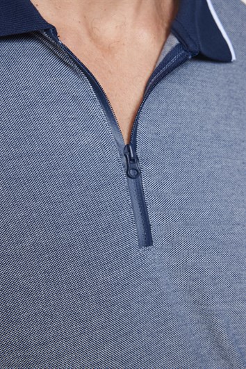 Erkek Slim Fit Dar Kesim Pamuklu Fermuarlı Lacivert Polo Yaka Tişört