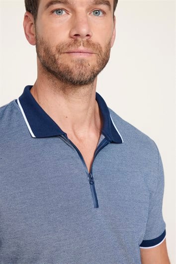 Erkek Slim Fit Dar Kesim Pamuklu Fermuarlı Lacivert Polo Yaka Tişört