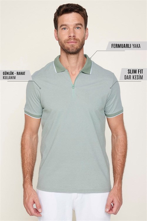 Erkek Slim Fit Dar Kesim Pamuklu Fermuarlı Mint Polo Yaka Tişört