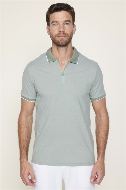 Erkek Slim Fit Dar Kesim Pamuklu Fermuarlı Mint Polo Yaka Tişört