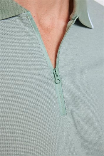 Erkek Slim Fit Dar Kesim Pamuklu Fermuarlı Mint Polo Yaka Tişört