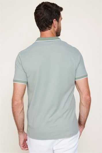 Erkek Slim Fit Dar Kesim Pamuklu Fermuarlı Mint Polo Yaka Tişört