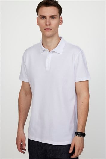 Erkek Slim Fit Dar Kesim %100 Pamuk Desenli Beyaz Polo Yaka Tişört