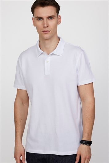 Erkek Slim Fit Dar Kesim %100 Pamuk Desenli Beyaz Polo Yaka Tişört