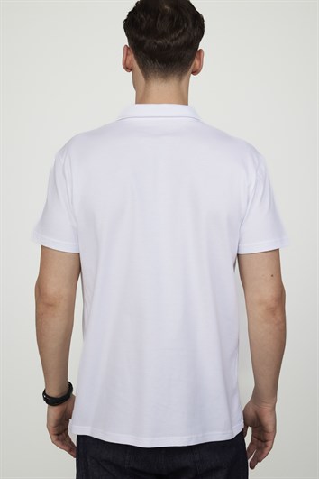 Erkek Slim Fit Dar Kesim %100 Pamuk Desenli Beyaz Polo Yaka Tişört