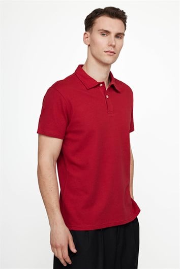 Erkek Slim Fit Dar Kesim %100 Pamuk Desenli Bordo Polo Yaka Tişört
